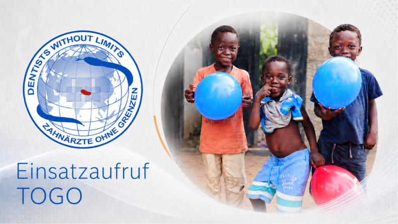 Banner zum Einsatzaufruf für einen zahnmedizinischen Hilfseinsatz in Togo mit dem Logo von ‚Dentists Without Limits – Zahnärzte ohne Grenzen‘ sowie einem Foto von drei Kindern mit blauen und roten Luftballons